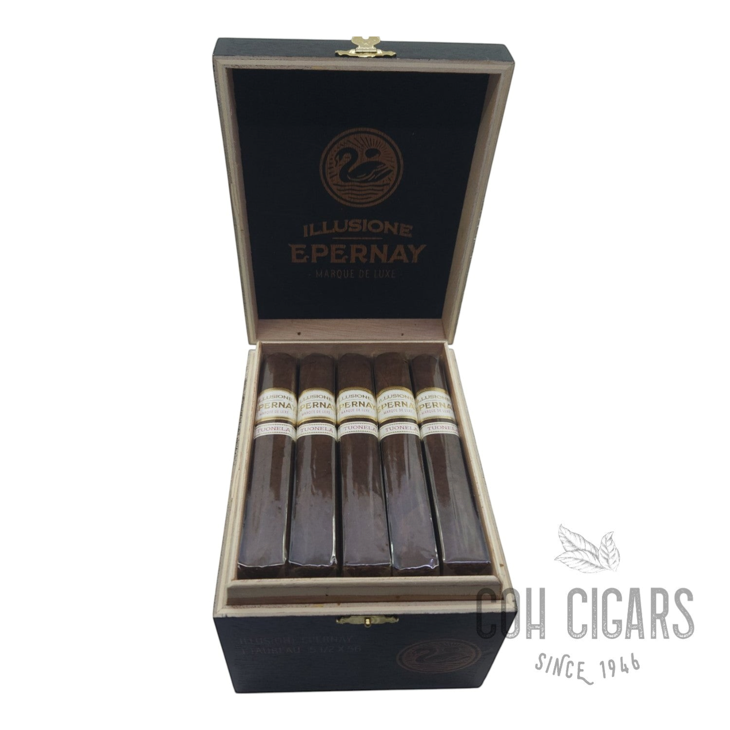 HK CohCigars 銷售的 illusione Epernay Tuonela Le Taureau 方壓雪茄，盒裝 25 支，配有精緻的 San Andrés 茄衣。