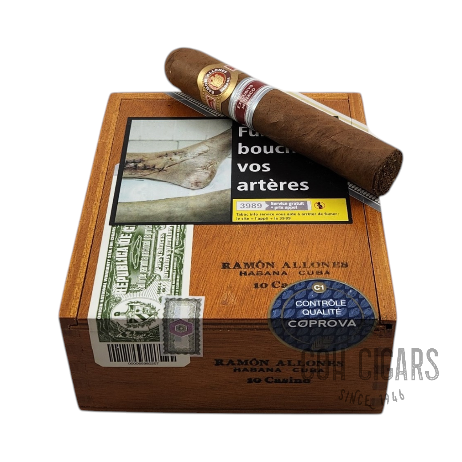 HK CohCigars Ramon Allones Casino 雪茄盒與單支雪茄，展示精緻的古巴手工捲製工藝與品牌標籤。